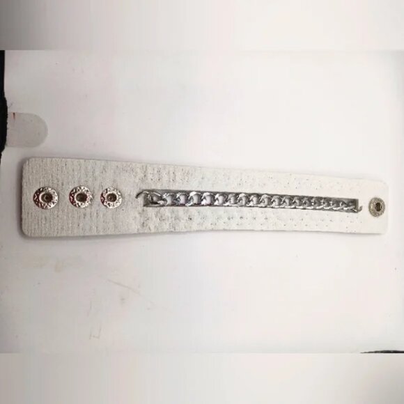 Studded White Belt Vegan Leather + Goth White Stud and Chain Leather Bracelet - Picture 11 of 13